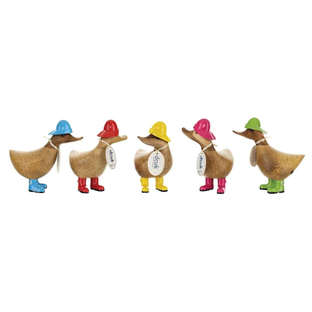 Five wooden ducks in colorful hats and matching boots.