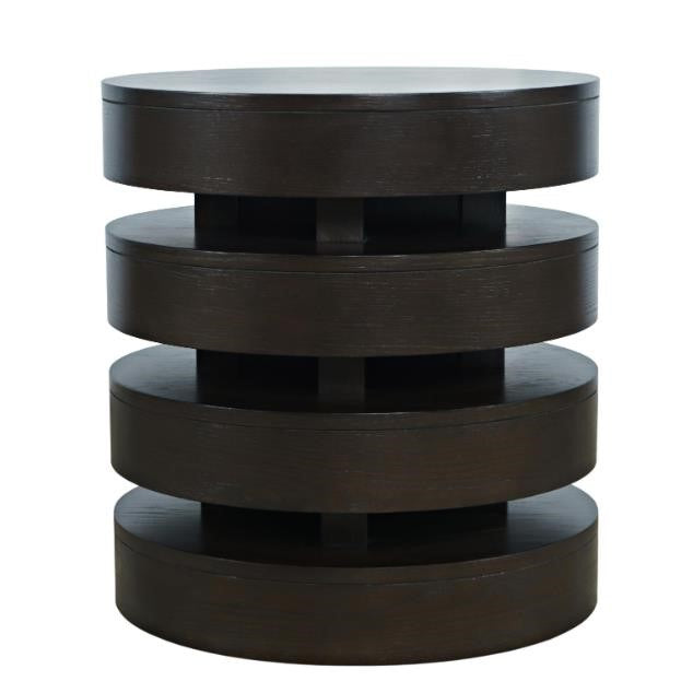 Dark wood stacked cylindrical table with modern design.