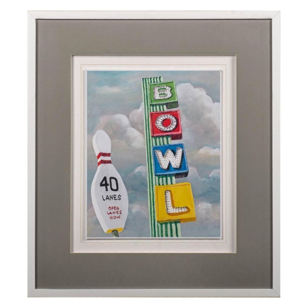 Vintage bowling sign with "BOWL" letters and 40 lanes pin.