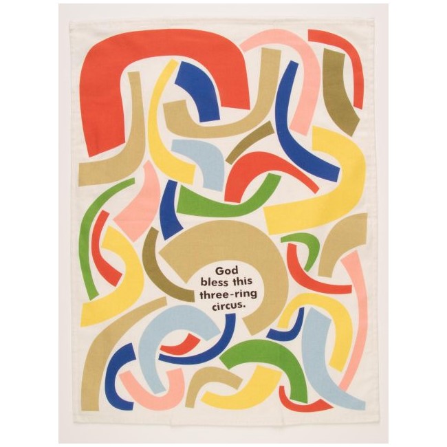 Colorful abstract curves with "God bless this three-ring circus" in the center.