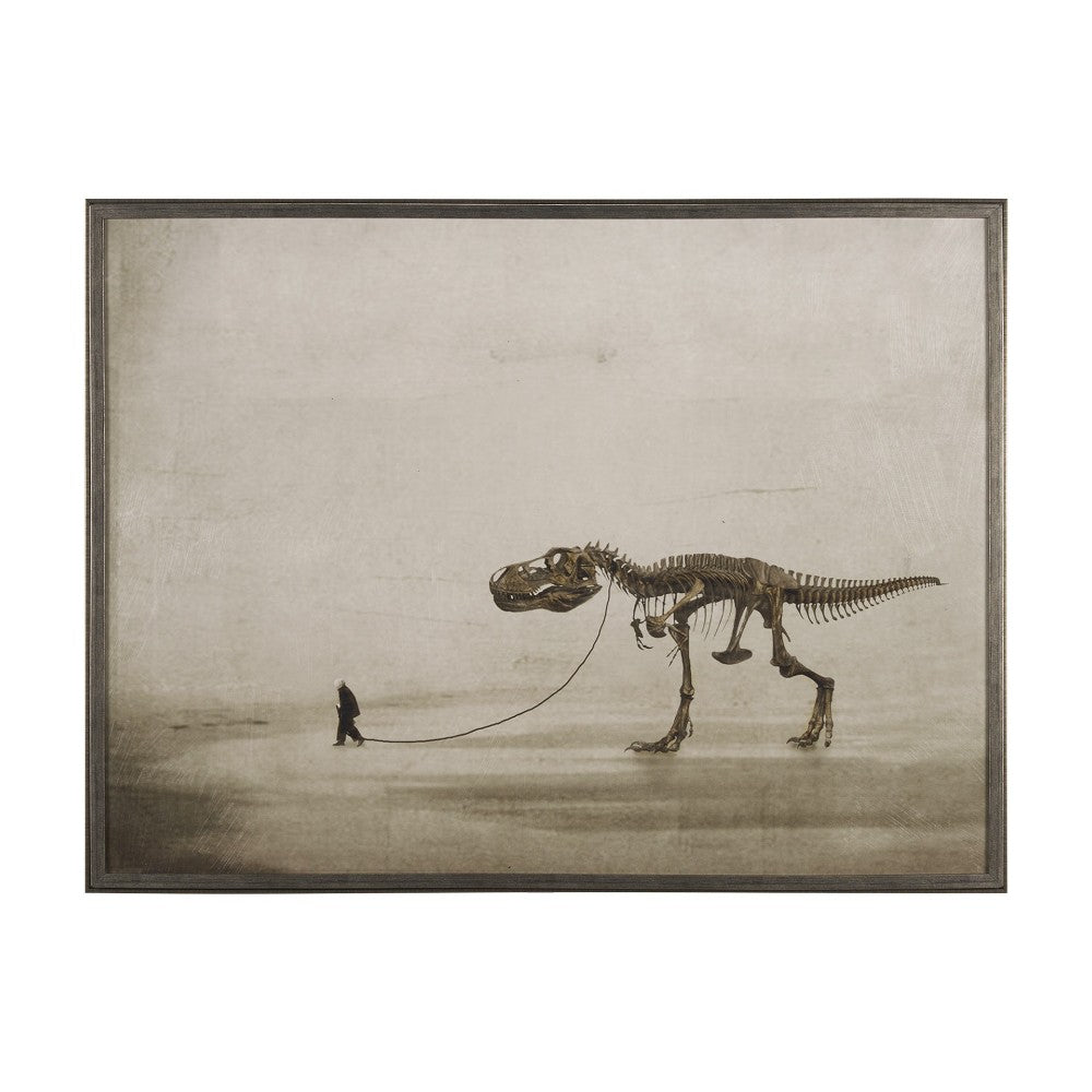 A person walking a dinosaur skeleton on a leash in a desolate landscape.