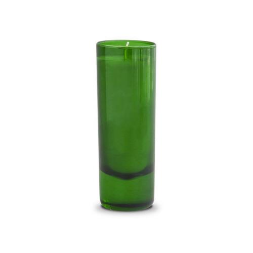 Tall green glass candle holder with clean lines.