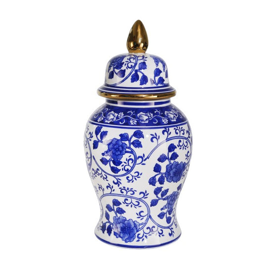 Picture of Blue and White Floral Vine Temple Jar, Gold Accents
