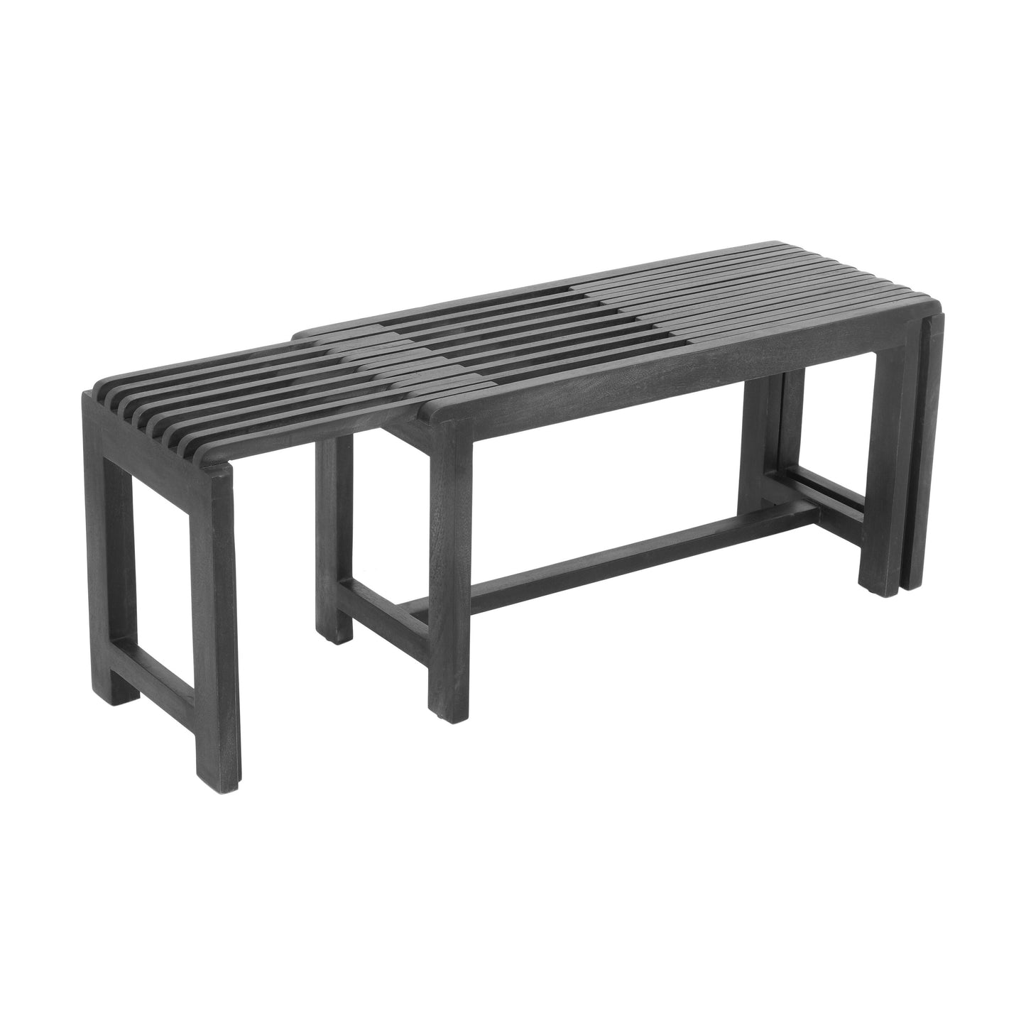 Black, modern, slatted bench on a white background.