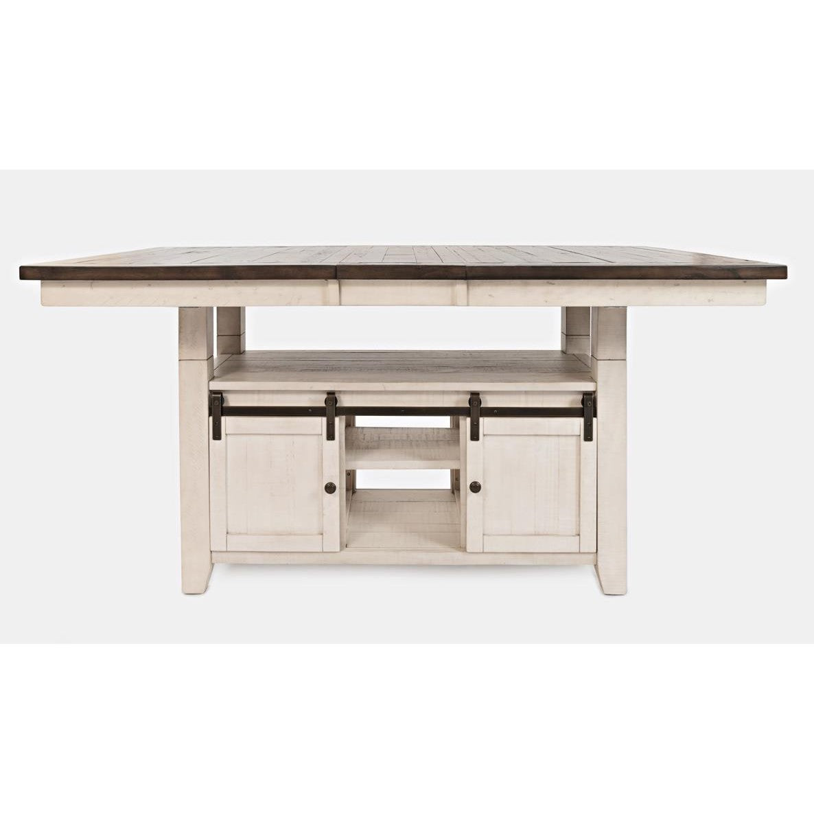 Rustic two-tone table with sliding cabinet doors.