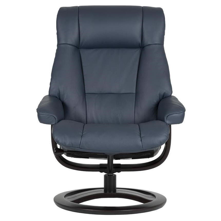 Blue leather reclining chair on a circular base.