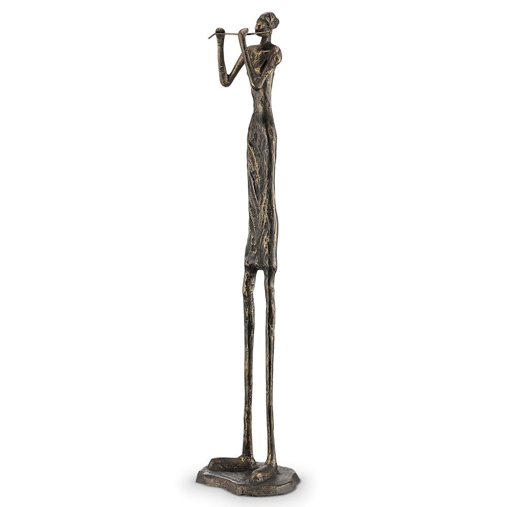 Tall bronze sculpture of a flutist on a pedestal.