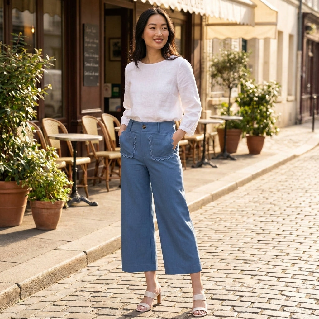 Woman in white blouse, blue pants, standing on cobblestone street near a cafe.