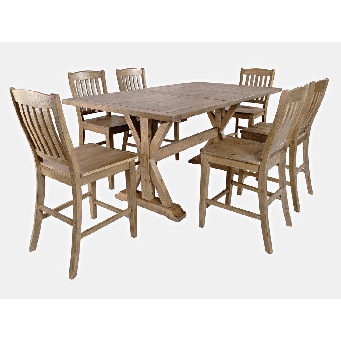 Wooden dining set with a rectangular table and six chairs.