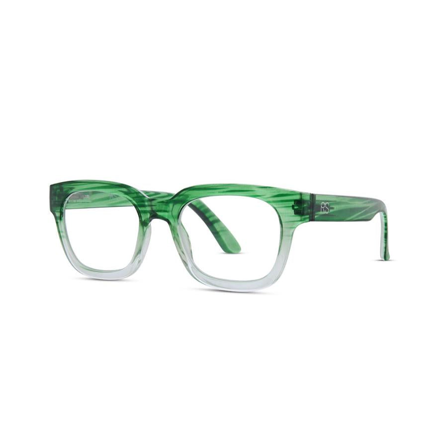 Green rectangular glasses with translucent frames.