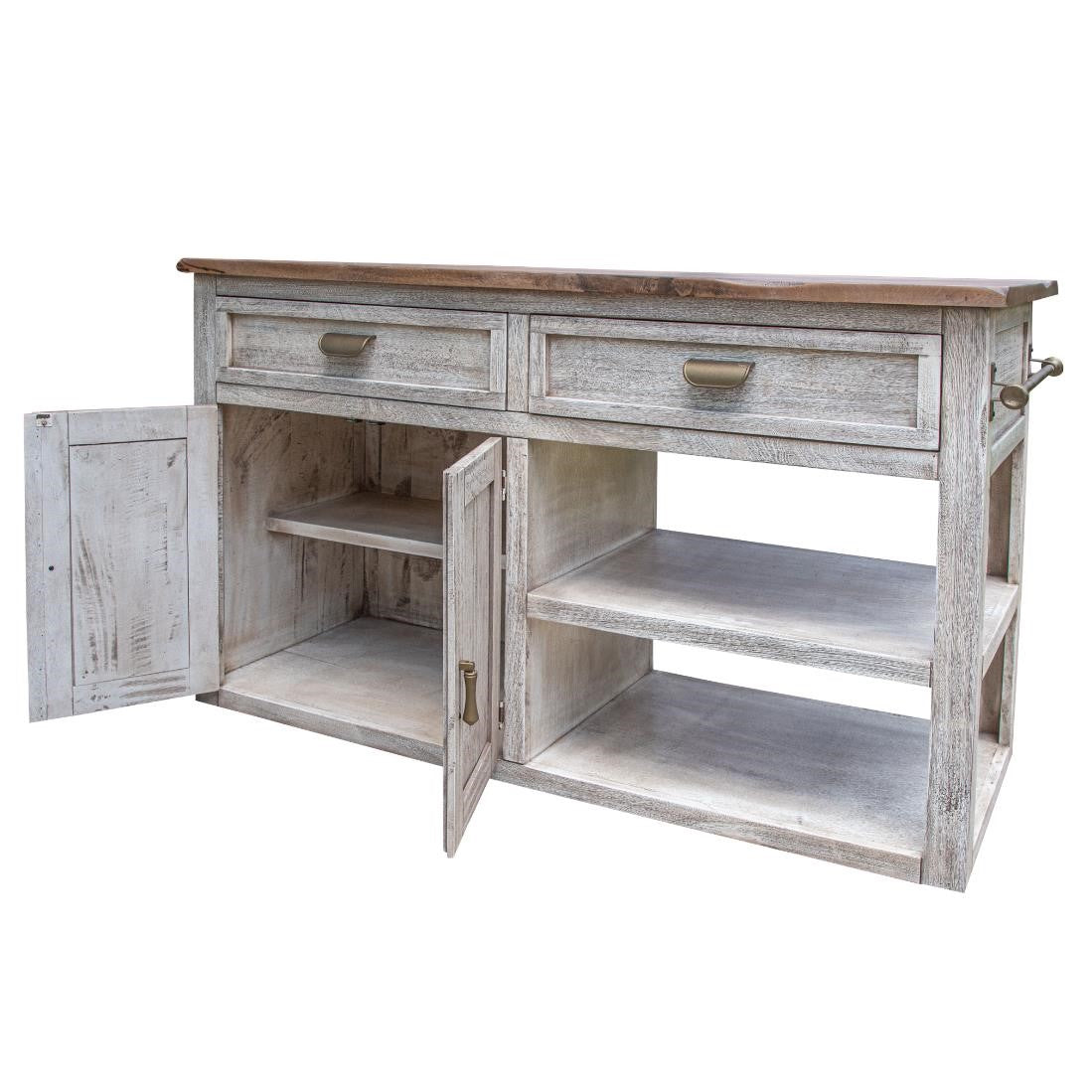 Rustic wooden sideboard with open and closed storage.