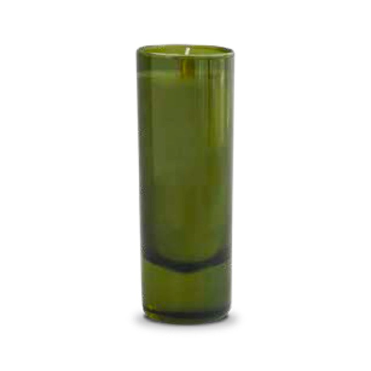 Tall, green glass candle holder with subtle shine.