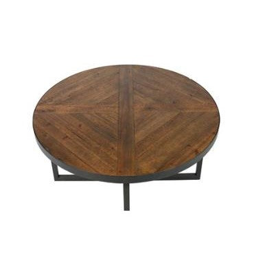 Round wooden table with metal legs, featuring a geometric pattern on the surface.