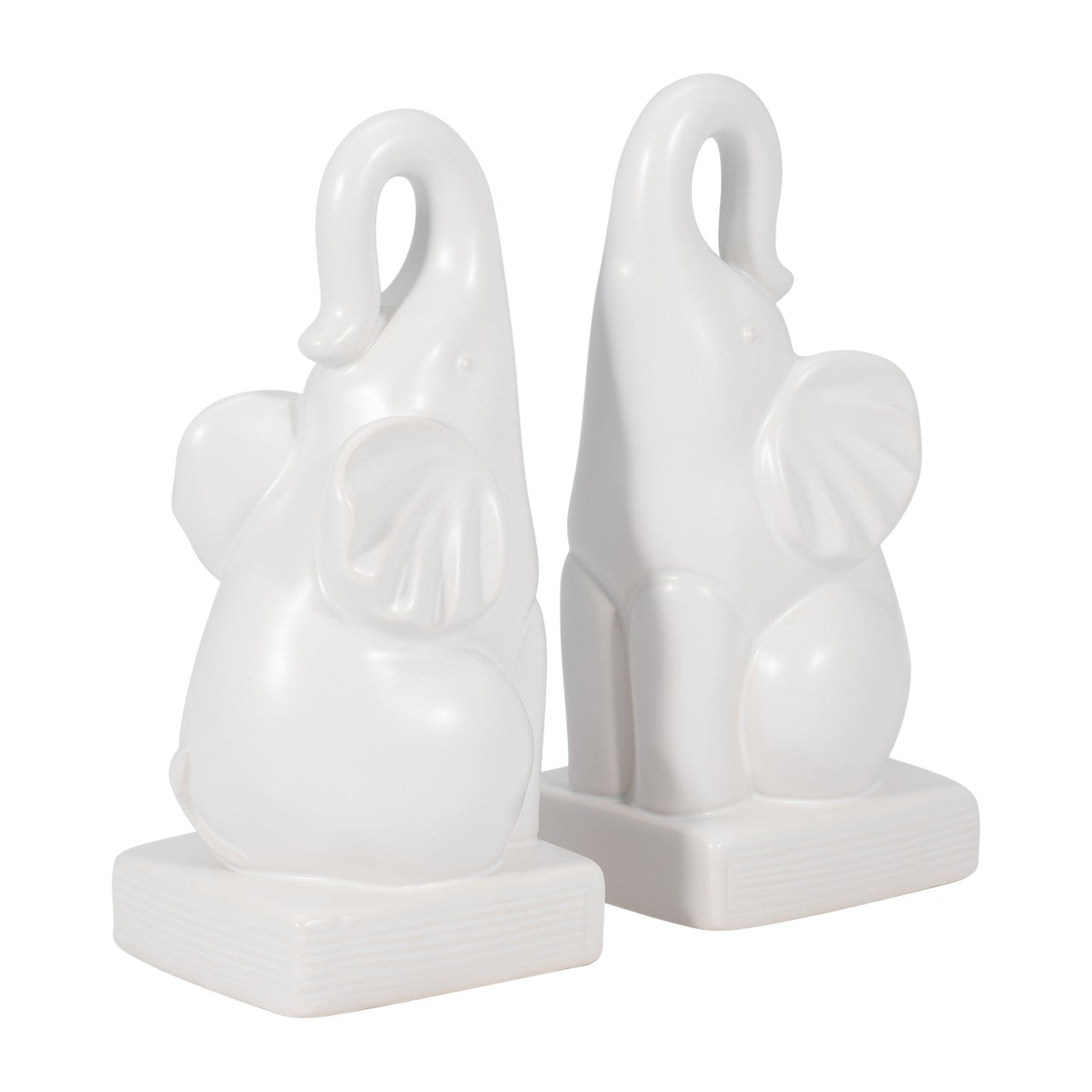 Two white ceramic elephant figurines with raised trunks.