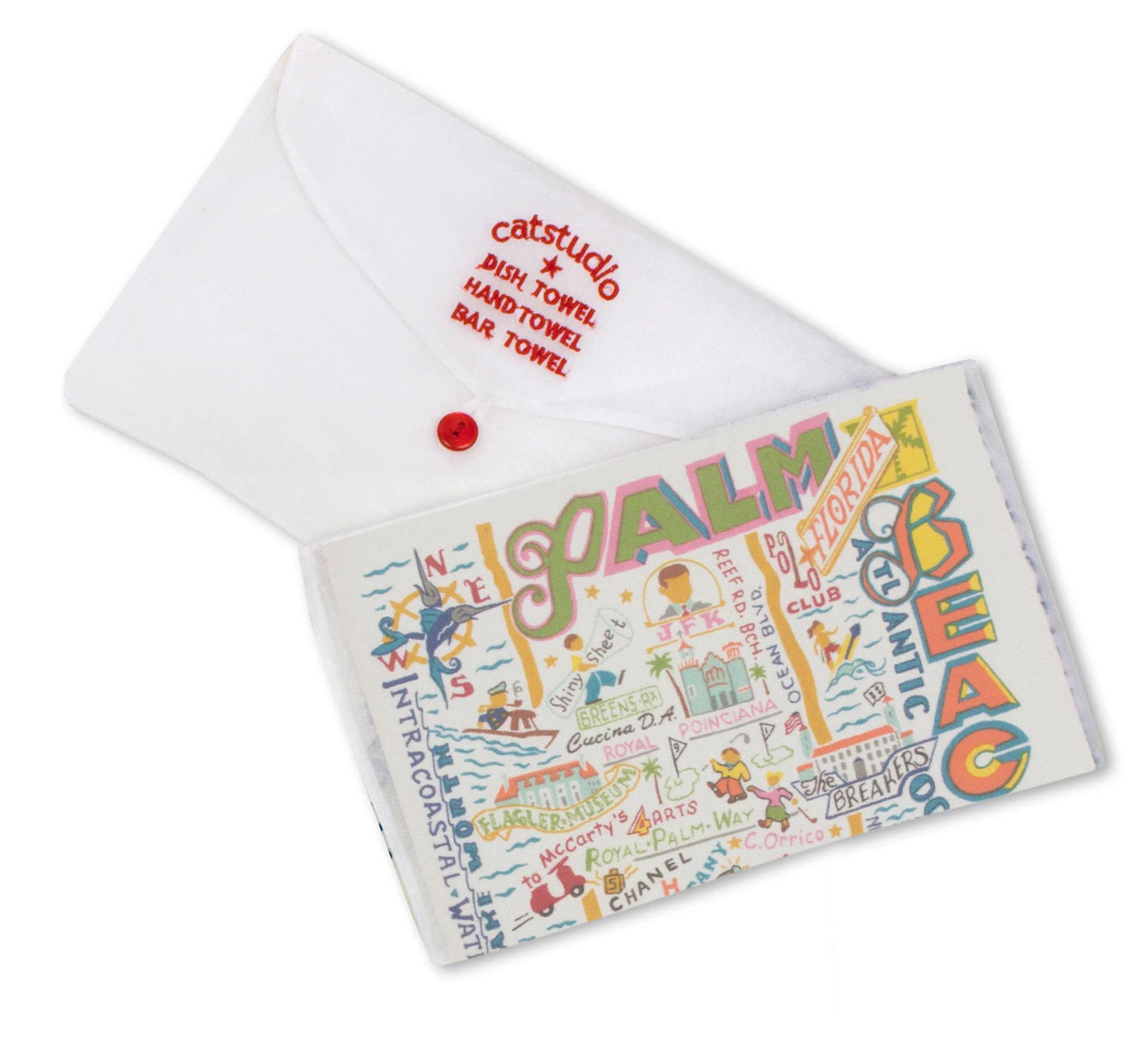 Palm Beach map towel in a white envelope with red button.