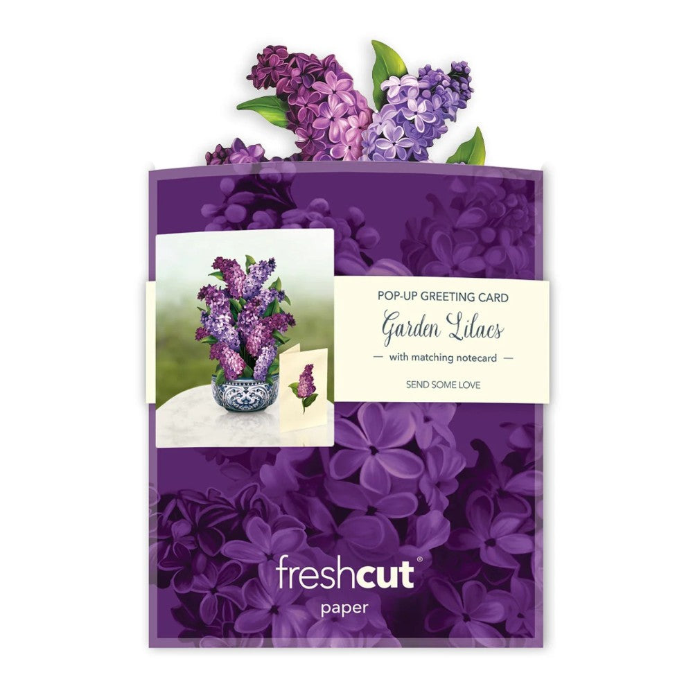Pop-up Garden Lilacs greeting card with purple floral design and matching notecard.