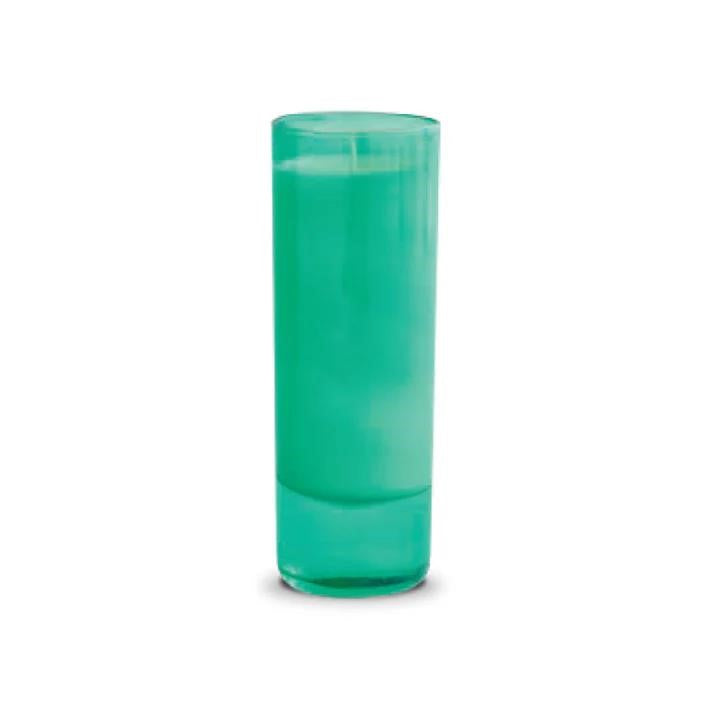 Tall green shot glass with liquid inside.