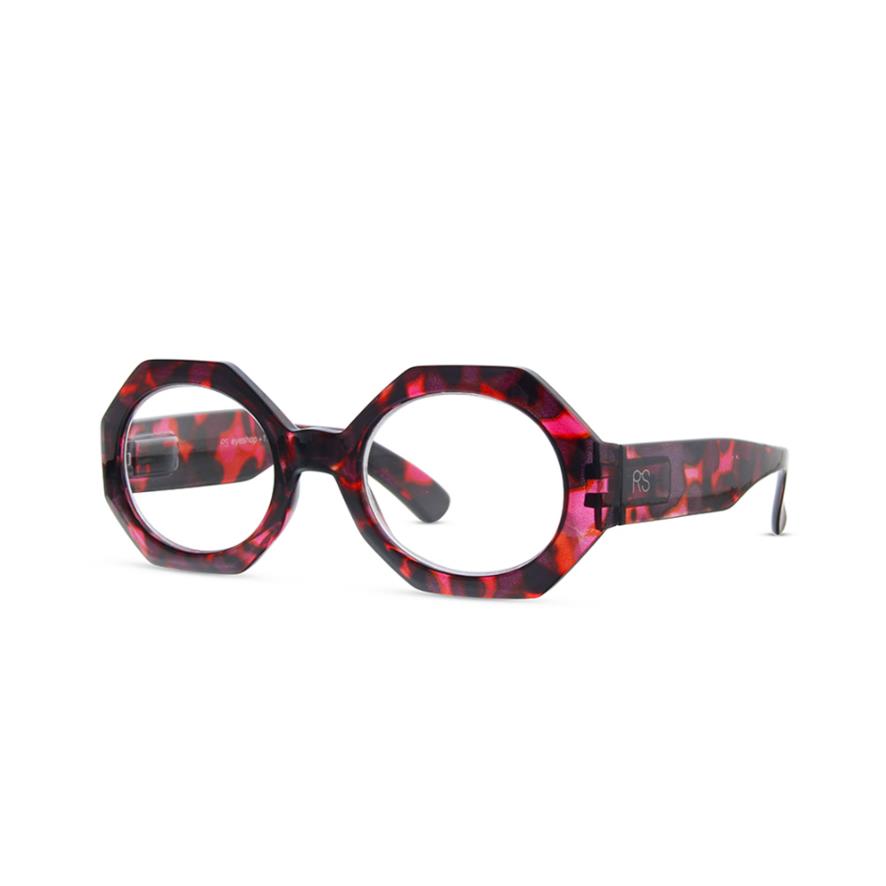 Hexagonal red tortoiseshell eyeglasses with bold frames.