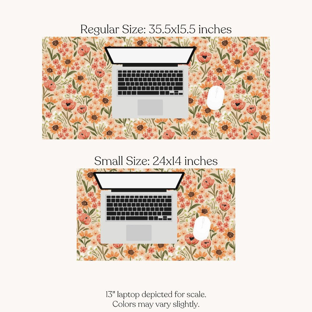 Floral desk mats in two sizes with a laptop and mouse.