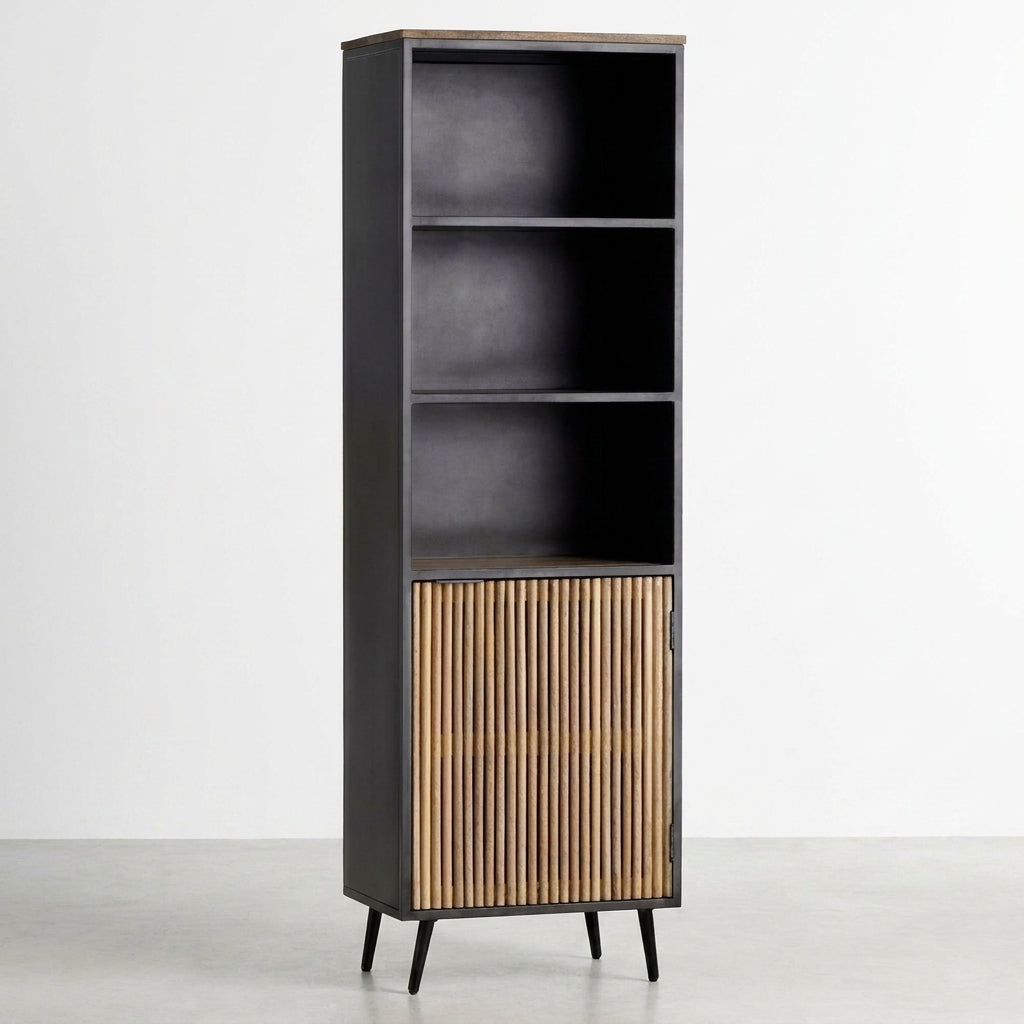 Tall black shelving unit with wooden door and open shelves.