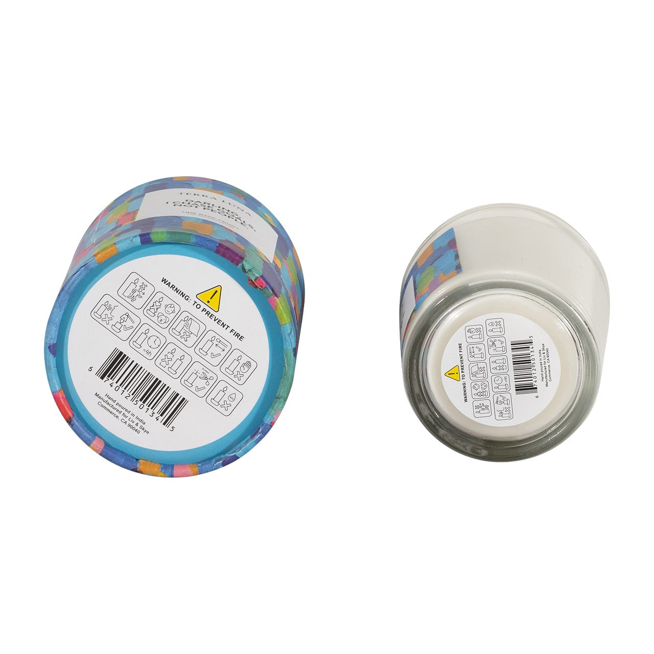 Two colorful candle jars with safety labels and barcodes.