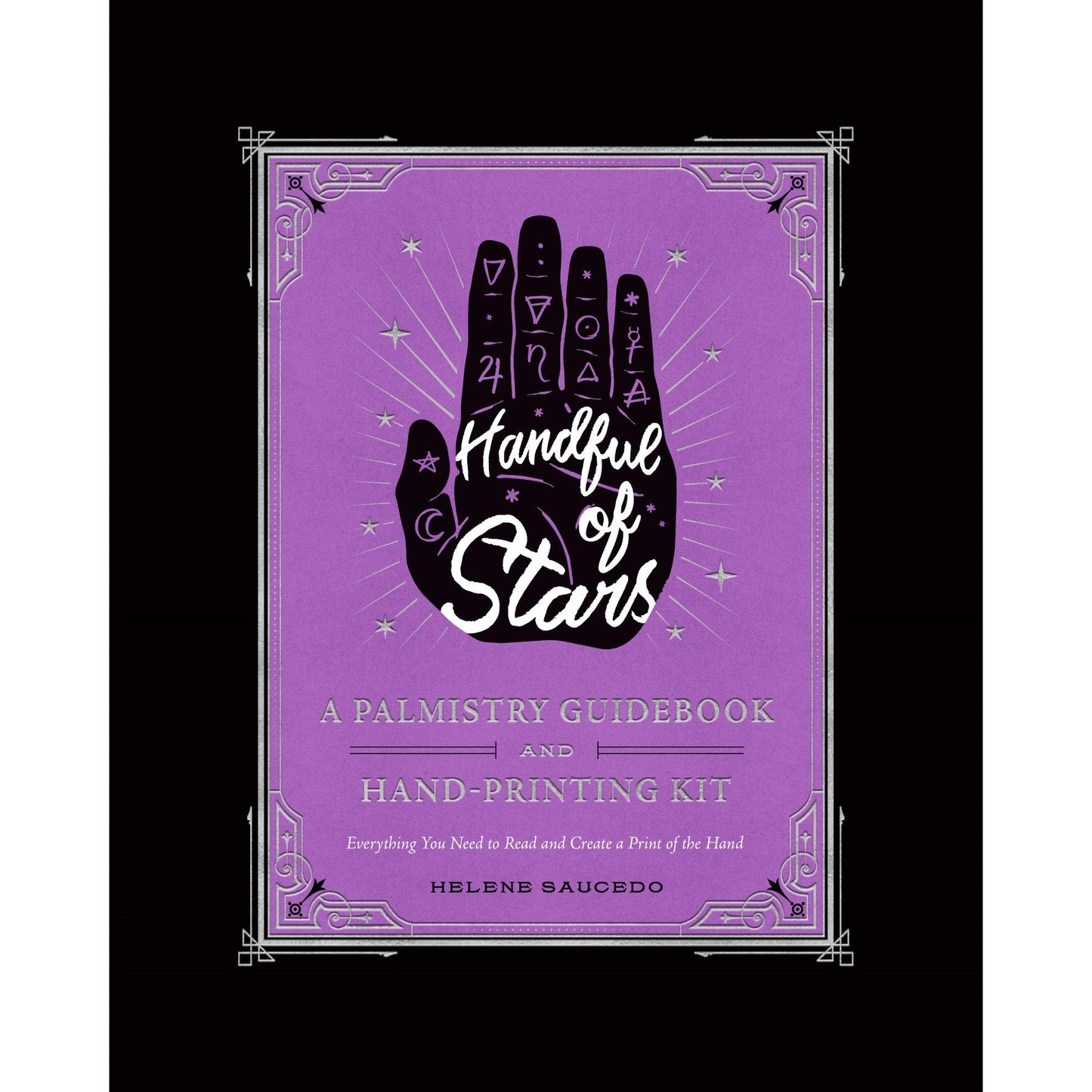 Purple palmistry book cover with mystical hand design.