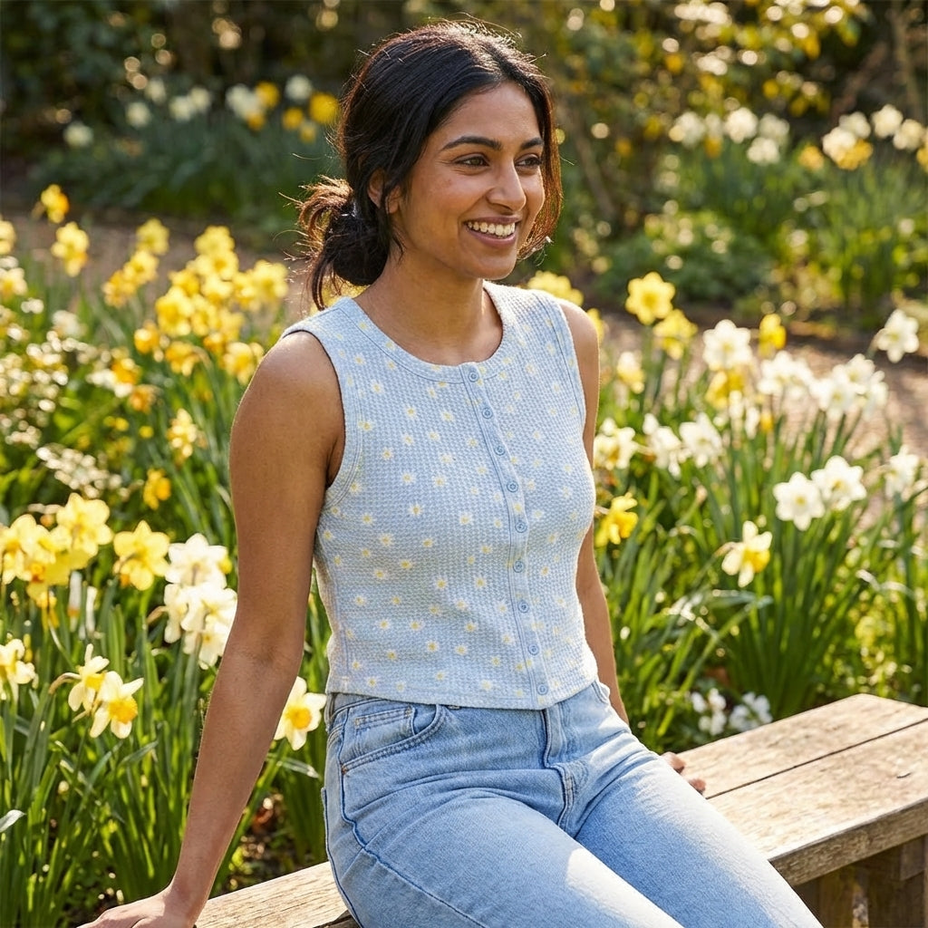 A woman smiles while sitting on a bench amid blooming daffodils.