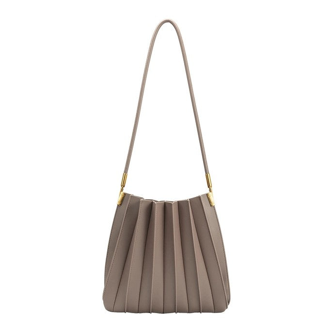 Taupe pleated handbag with gold accents and a slim strap.