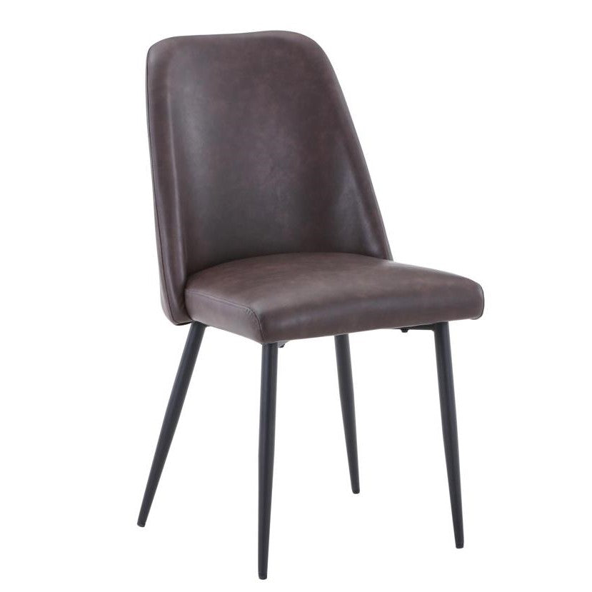 Modern brown chair with black metal legs.