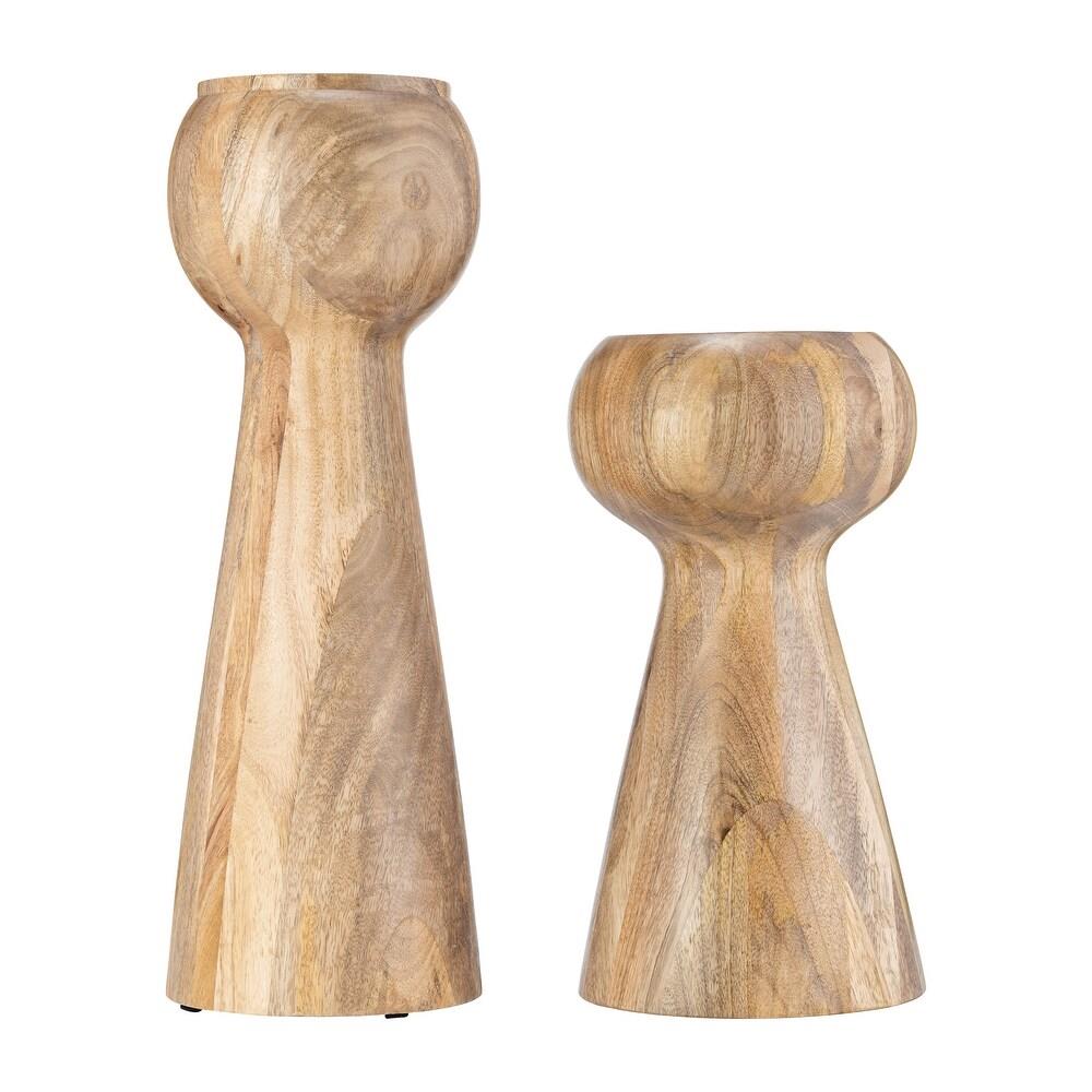 Two wooden sculptural objects with smooth, natural finishes.