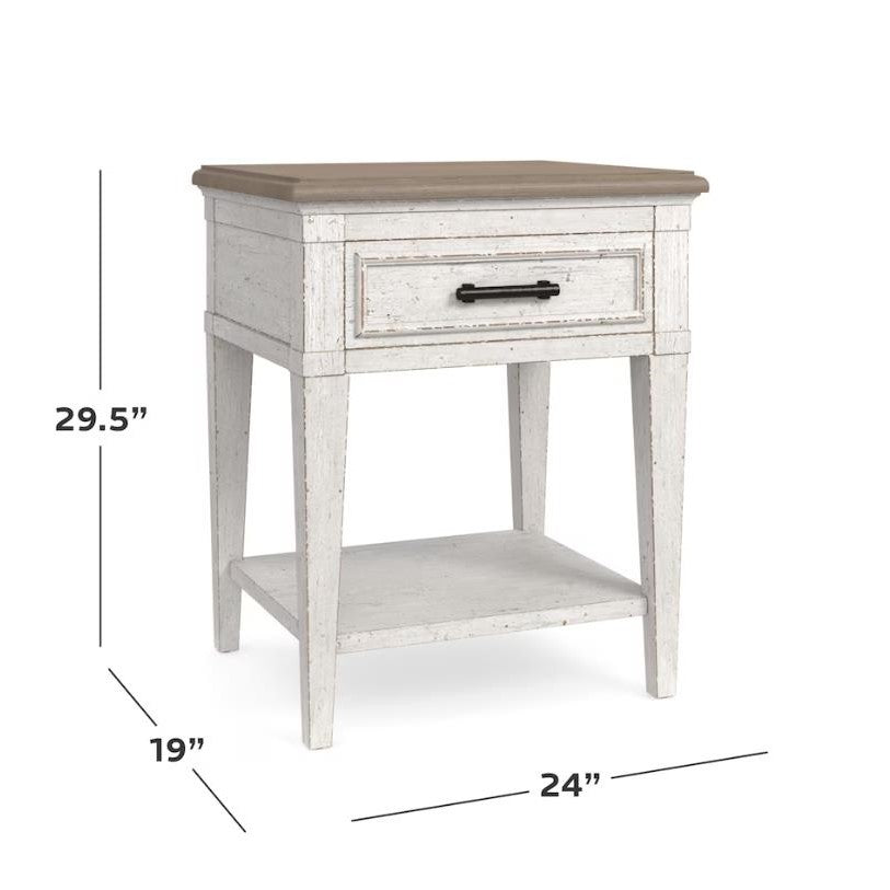 Vintage-style white nightstand with drawer and bottom shelf, dimensions included.