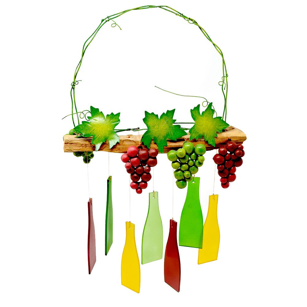 Grapevine-themed wind chime with colorful bottle pendants.