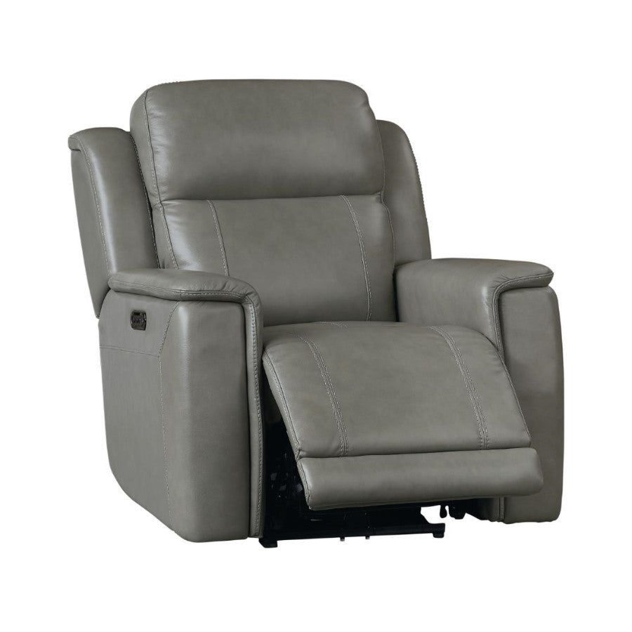Gray leather recliner with footrest extended.