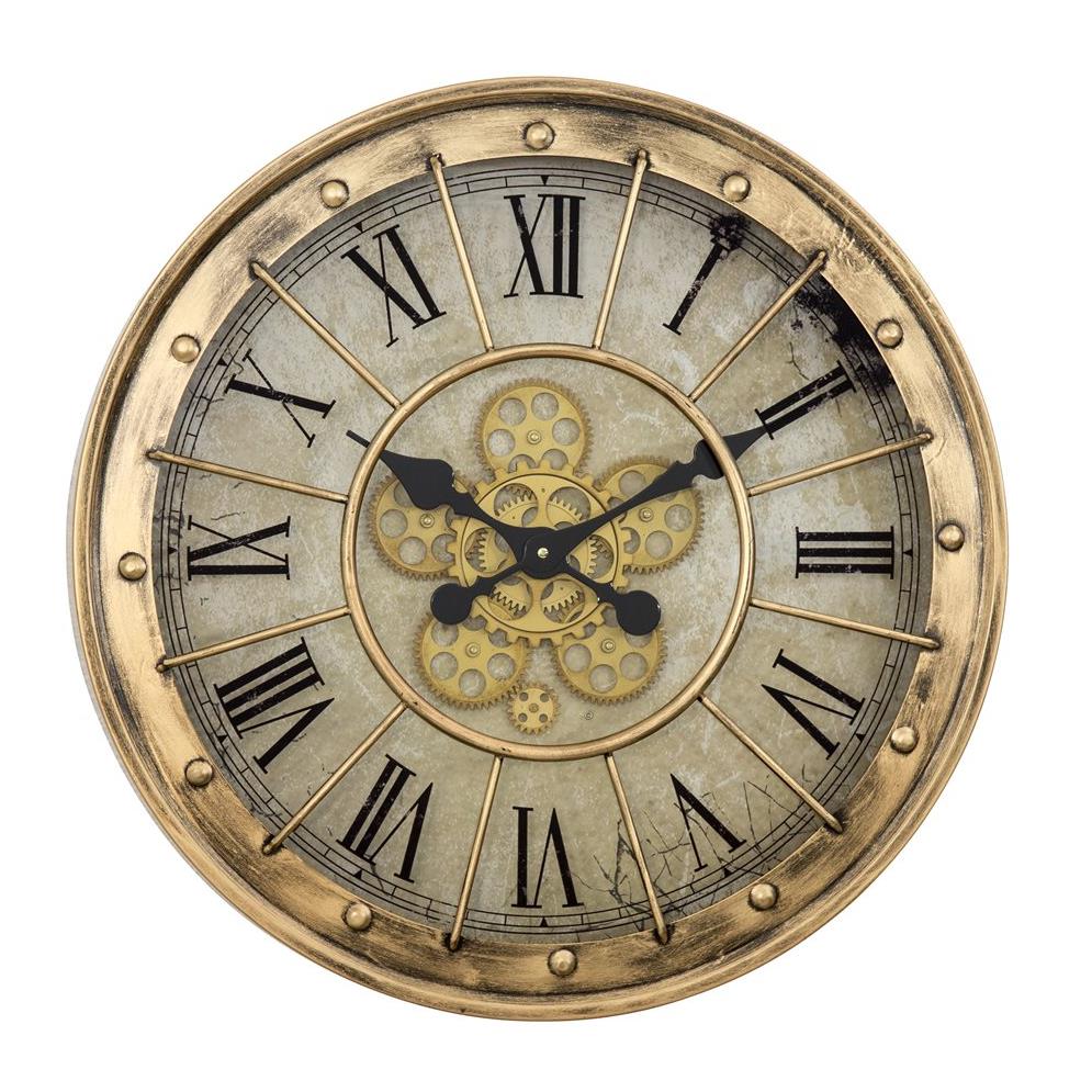 Vintage clock with Roman numerals and exposed gears, bronze finish.