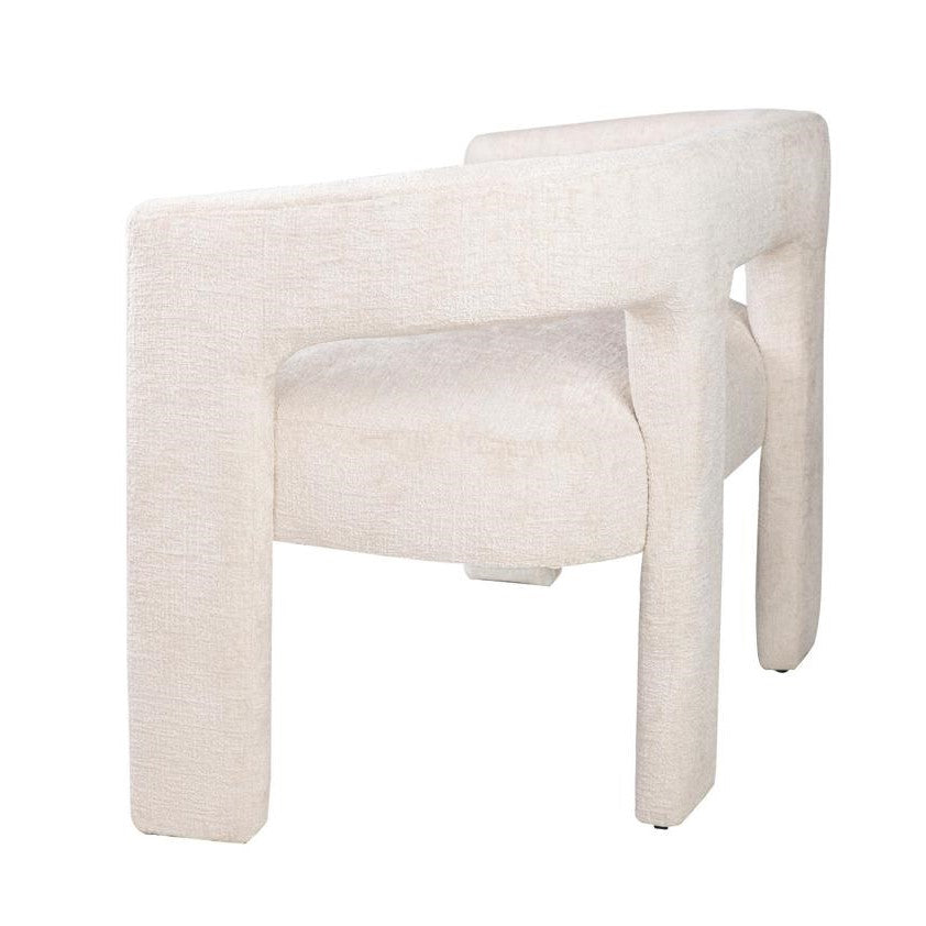 Modern, minimalist white chair with curved backrest and arms.