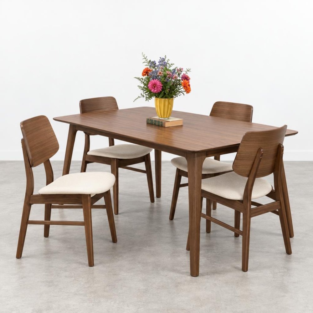 Wooden dining set with chairs, vase of flowers on table.