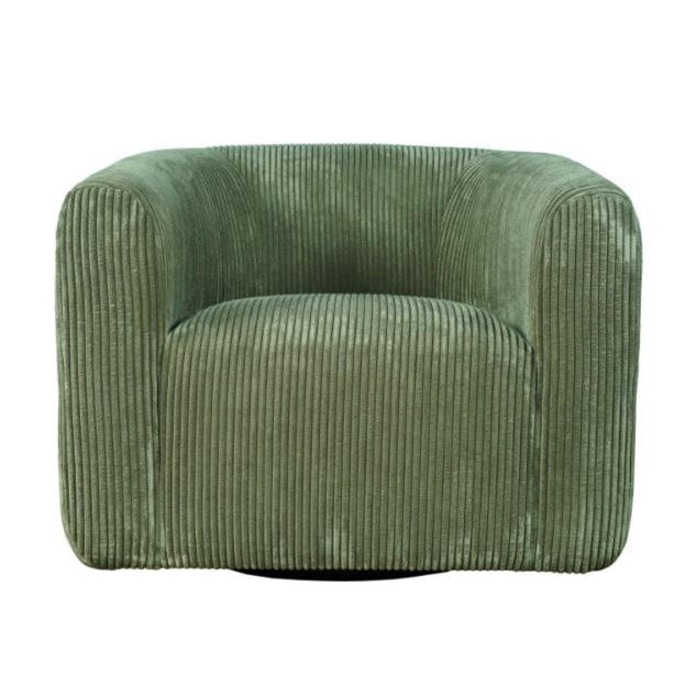 Green, ribbed fabric armchair with rounded edges.