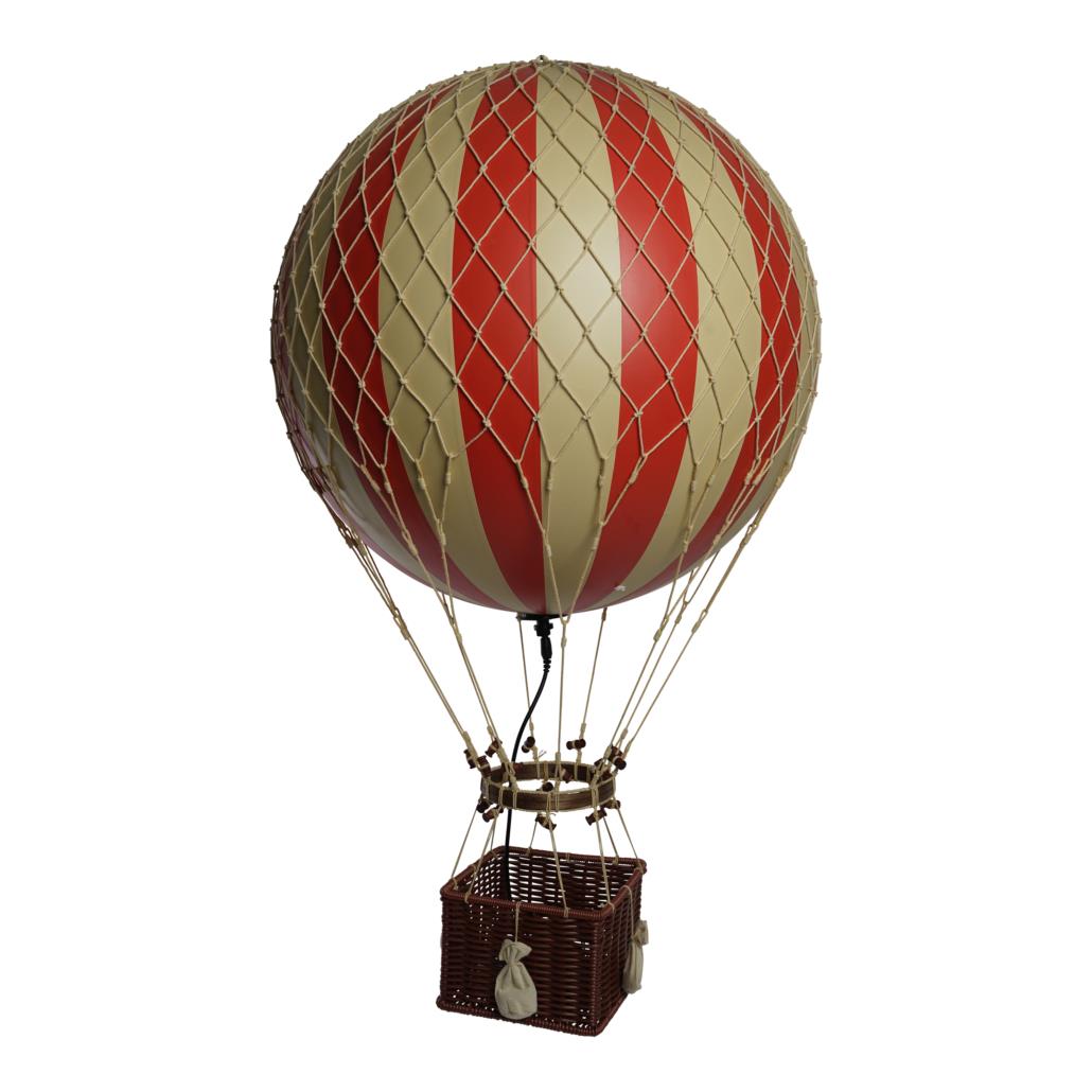 Striped hot air balloon model with a wicker basket.