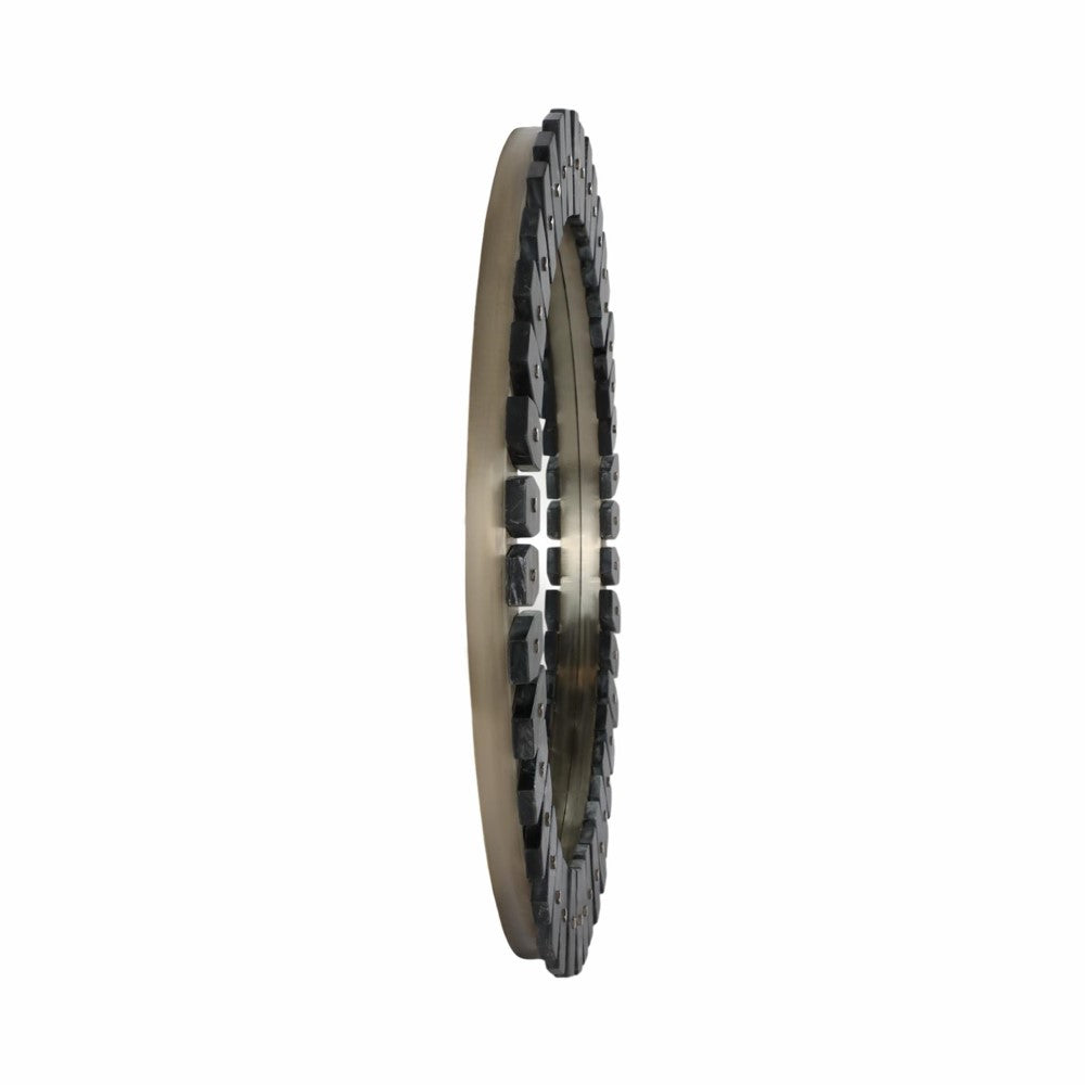 Side view of a round, decorative wall mirror with a mosaic frame.