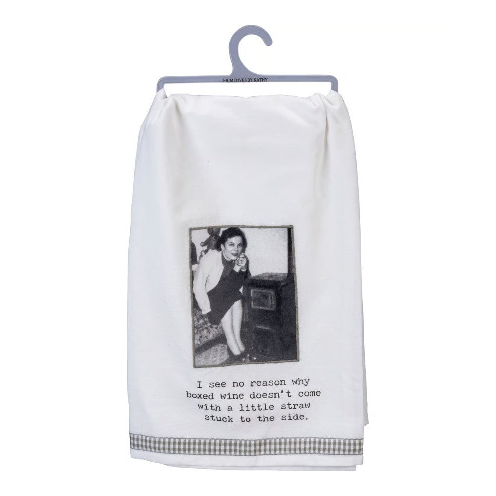 Vintage-styled tea towel with humorous boxed wine quote.