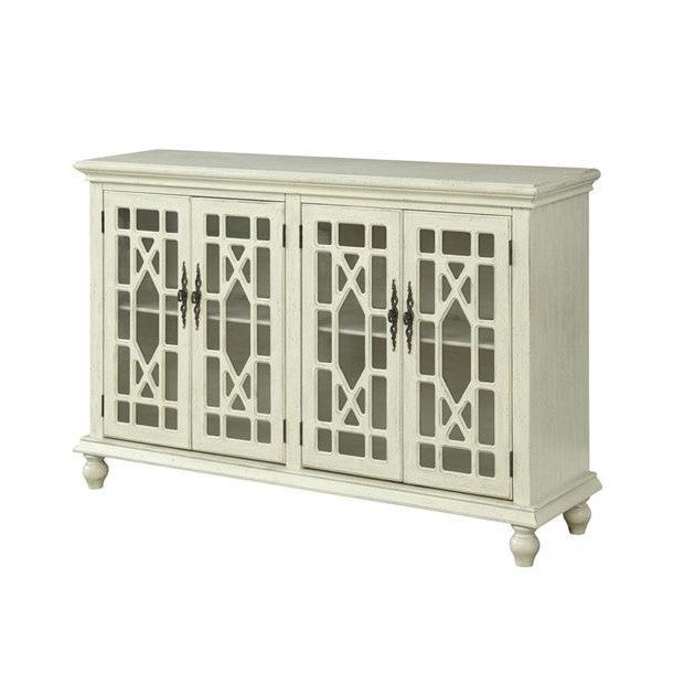 Vintage white sideboard with glass paneled doors.