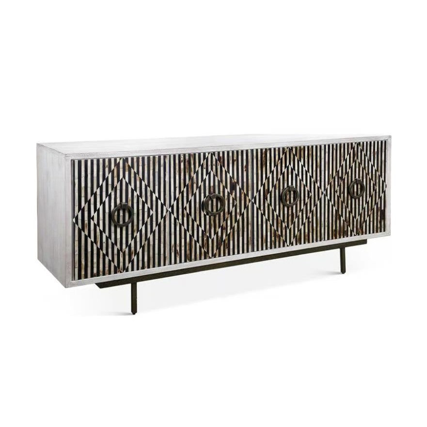 Geometric pattern sideboard with striped doors and circular handles.
