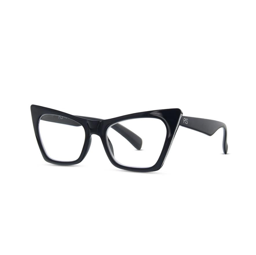 Black, cat-eye glasses with thick frames on a white background.