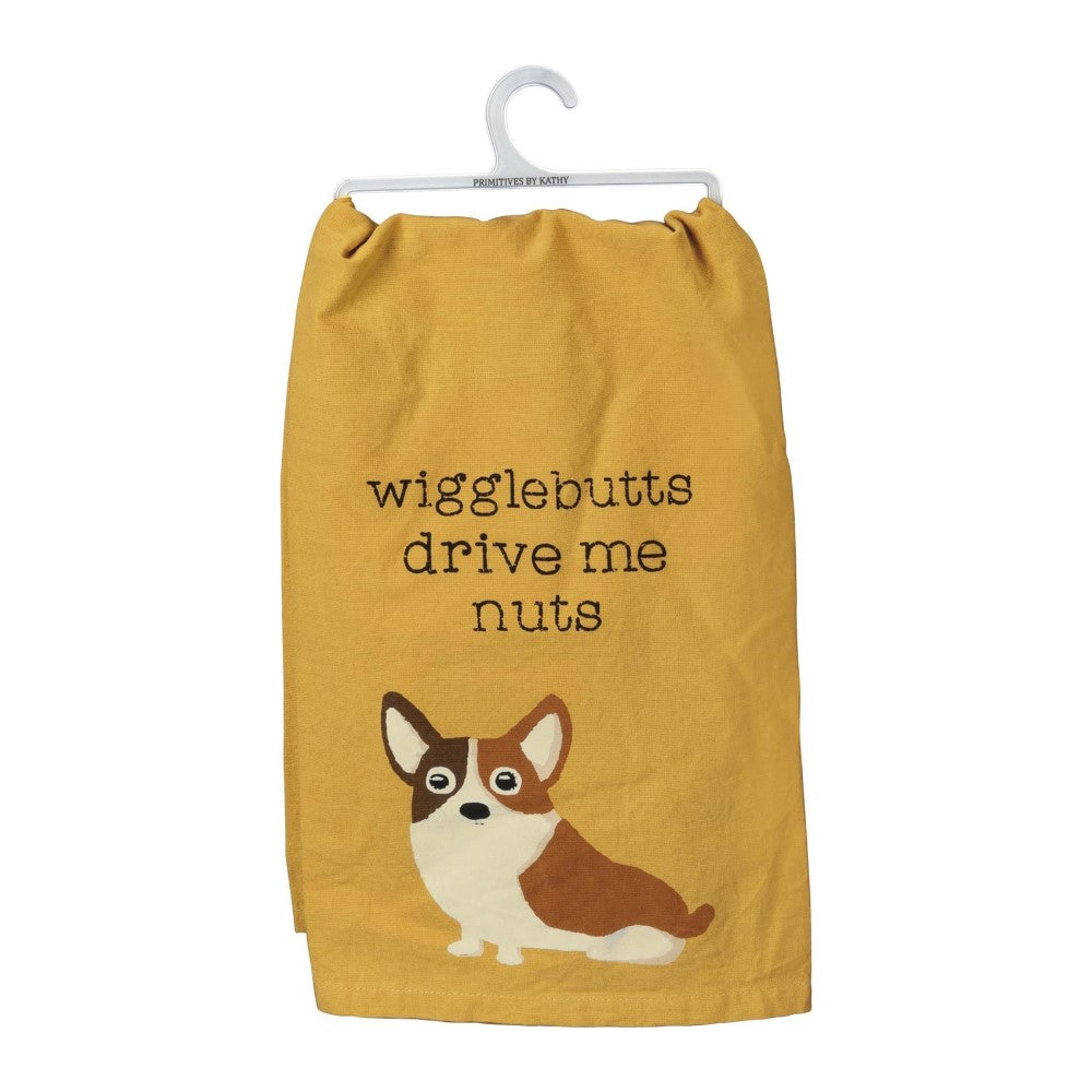 Yellow towel with "wigglebutts drive me nuts" text and corgi design.