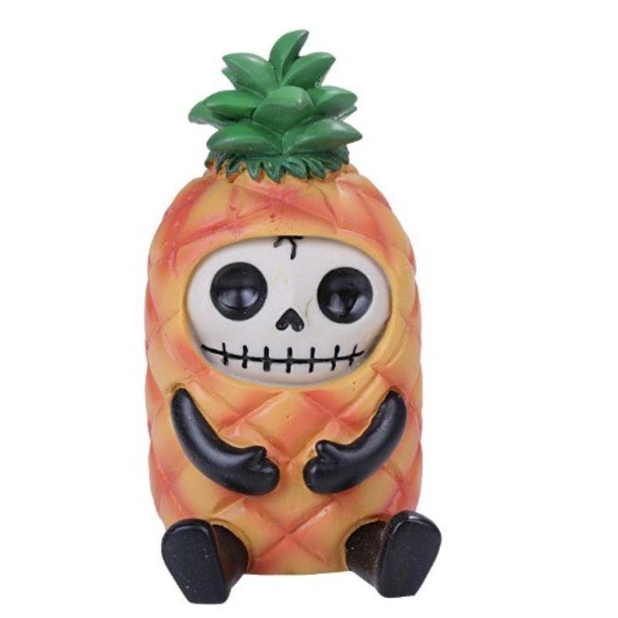 Cute skeleton in a pineapple costume with a green top.