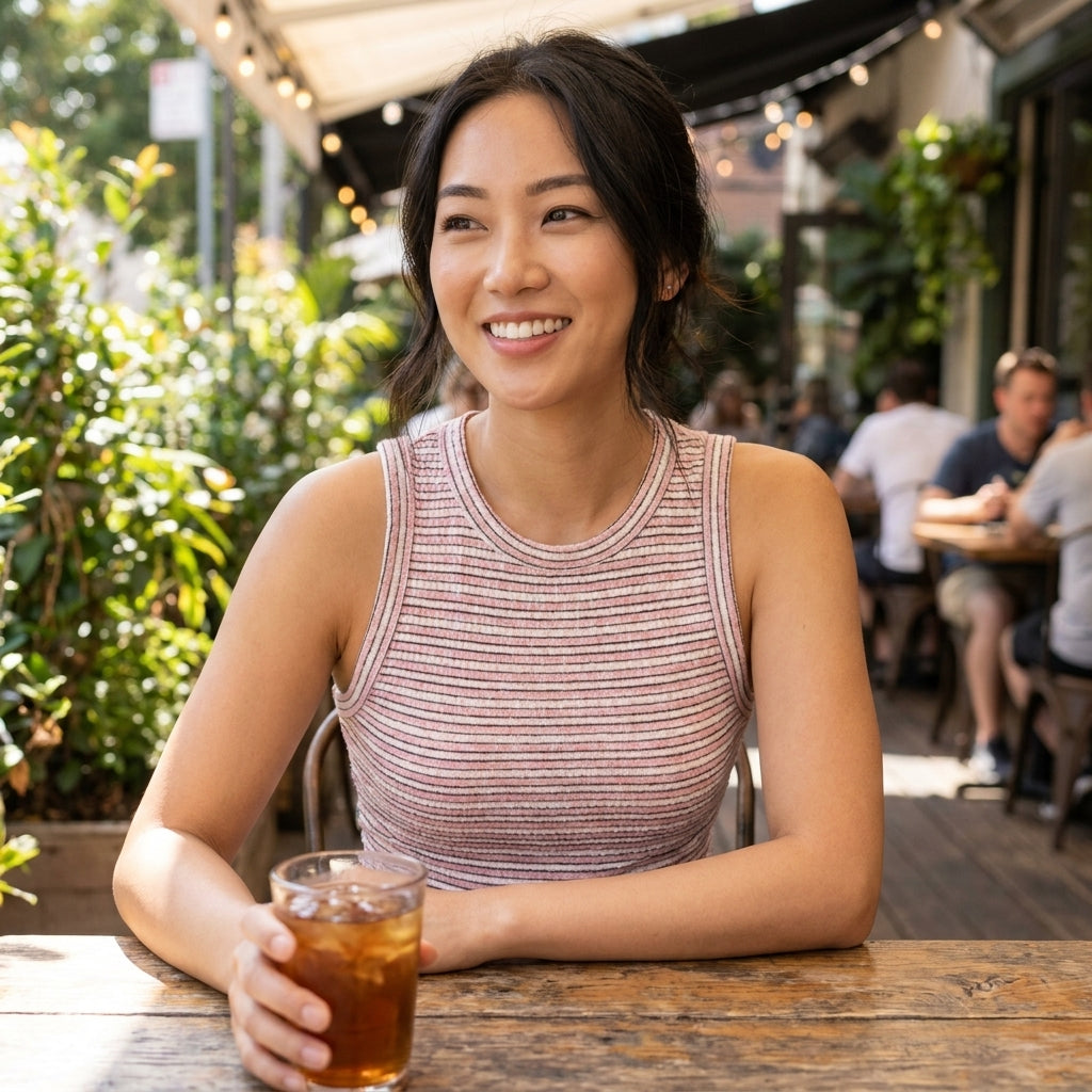 Smiling woman sitting at an outdoor cafe, holding a drink.