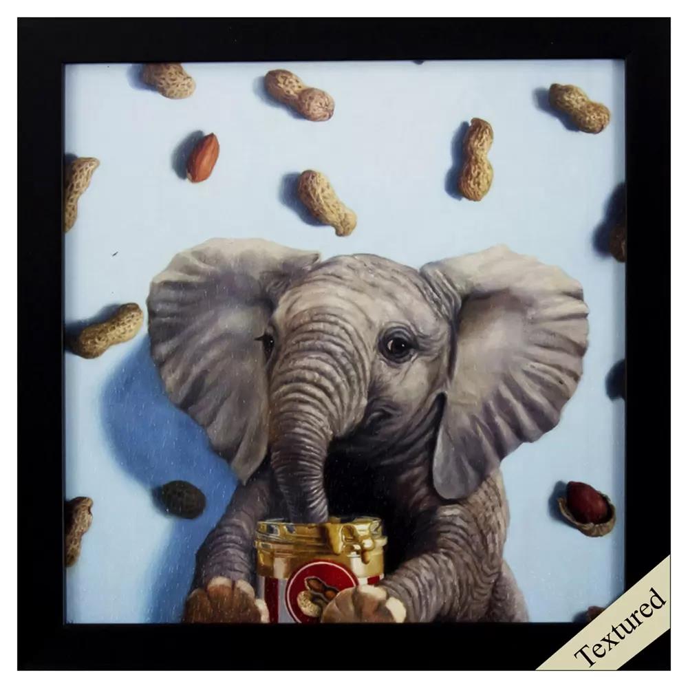 Elephant with a peanut jar, surrounded by falling peanuts.