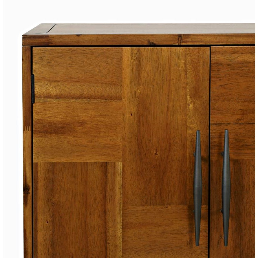 Wooden cabinet with black handles and natural finish.