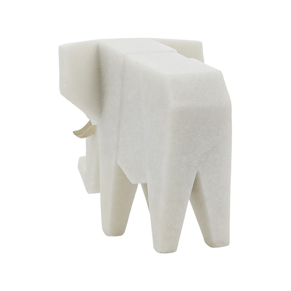 White geometric elephant sculpture.