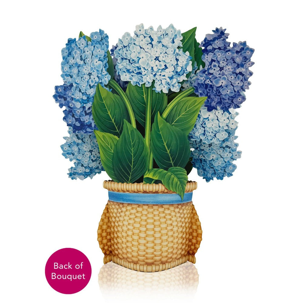 Basket with blue hydrangeas and lush green leaves.